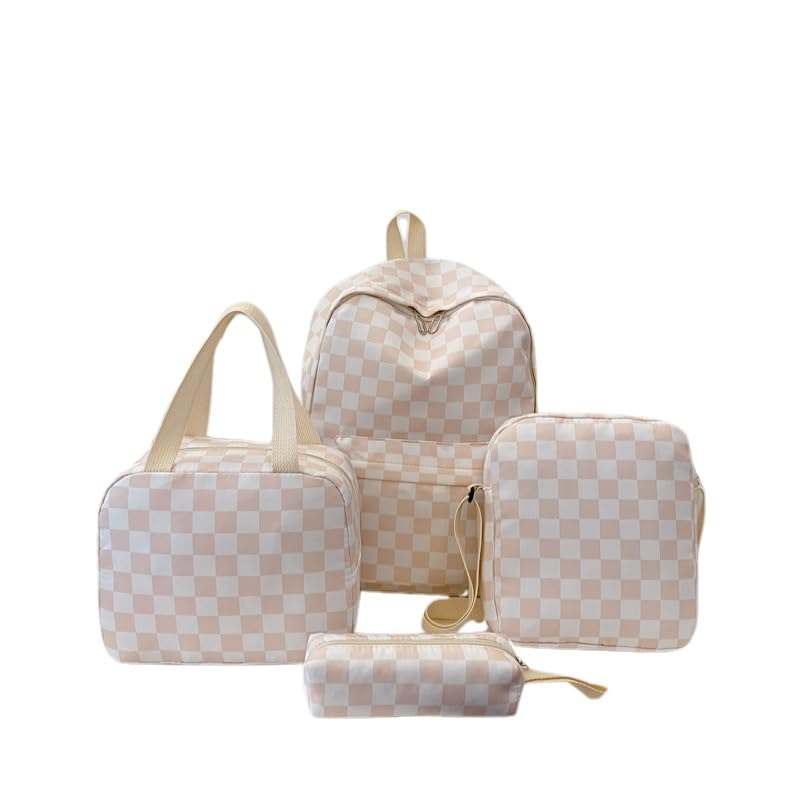 Checkered Backpacks Schoolbag set Bookbags Laptop Bags for Women Travel Daypacks (Beige)