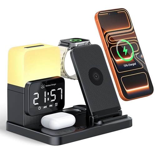 6-in-1 Wireless Charging Station, Charger Stand for Apple Multiple Devices, for iPhone 17 16 15 14 13 12 Pro Max Watch Airpods, Wireless Charger iPhone Charging Station with Night Light/Alarm Clock