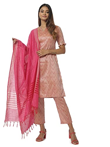 Image of SAAKI by Samantha Ruth Prabhu Beige and Red Printed Kurta Bottom Dupatta Set for Women | Silk Blended Kurta Set | Casual Wear, (Beige and Red Set, Pack of 3)