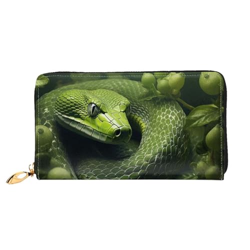 Leather Wallet for Women Men Bifold Wallet Ultra Slim Credit Card Holder Green Snake on Trees Ladies Clutch Purse