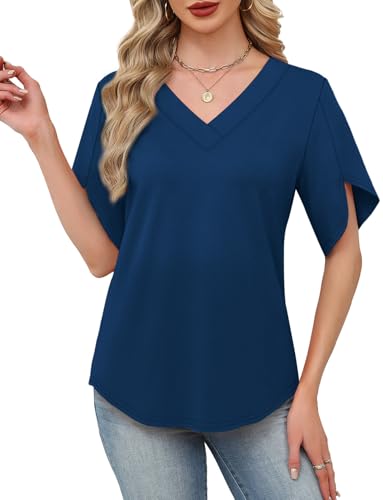 Image of WIHOLL Womens Summer Tops Short Petal Sleeve Shirts Fashion V Neck Womens Clothing