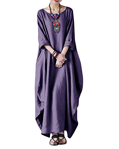 Image of Celmia Autumn Solid Loose Long Maxi Dress Cotton Caftan