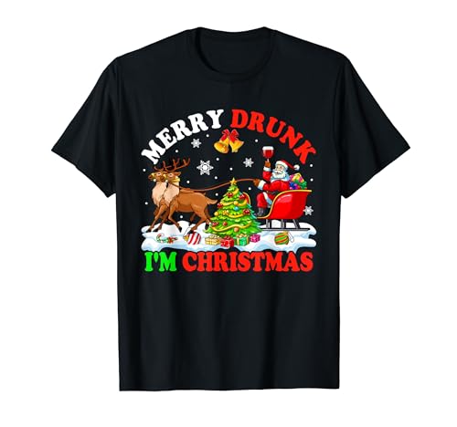 Merry Drunk I'm Christmas Santa Drinking Wine On Sleigh T-Shirt