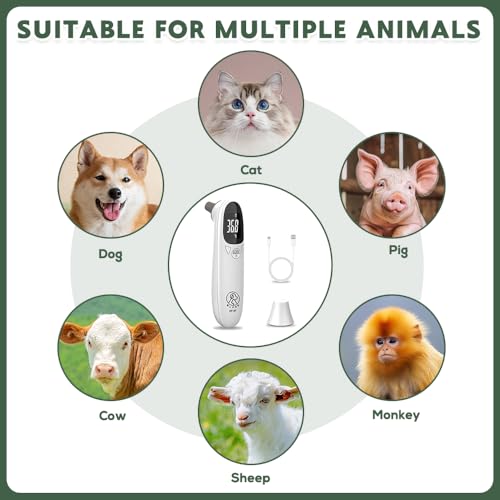 HOVCEH Ohrthermometer Hund, Fieberthermometer Hund mit LED Anzeige, 12,8 * 3,9 cm Tragbares Fieberthermometer Ohr, Fiebererkennung für Katzen, Hunde, Kühe, Ferd(Weiß)