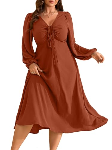RWJ Fall Wedding Guest Dresses for Women Plus Size V Neck Long Sleeve Tie Front Cocktail Maxi Dress with Pockets