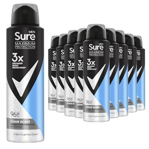 Image of Sure Antiperspirant 96H Maximum Sweat and Odour Protection Alcohol-Free Body Spray Anti-White Marks with Fresh and Sporty Multi Fragrance Deodorant for Men, 150ml Pack of 12 (Clean Scent)