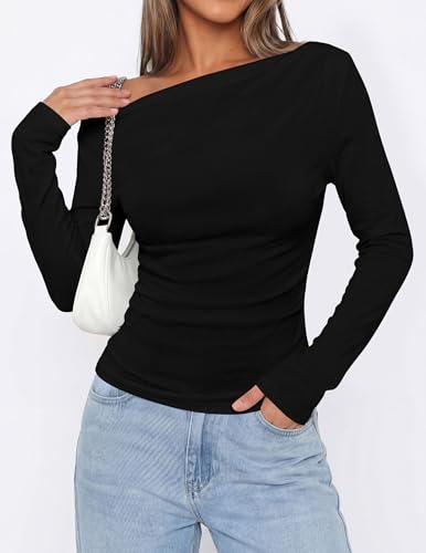 PRETTYGARDEN Off The Shoulder Tops for Women Going Out Long Sleeve Shirts 2026 Fall Casual Fitted Ribbed Ruched Y2K Clothes (Black,Large) — view 2