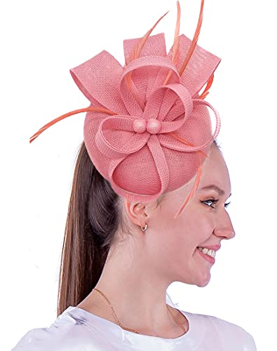 Biruil Women's Fascinator Hat Imitation Sinamay Feather Tea Party Pillbox Flower Derby (A Pink) #TOP12