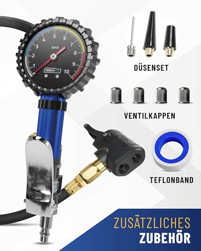 GERCHWAY Reifenfüller mit Manometer 0-10 bar – Dualkopf Ventil-Adapter für Presta/SV (Französisches Ventil) und Schrader/AV, Druckluft für Luftkompressor, Fahrradpumpe-Zubehör – für Fahrrad und Auto