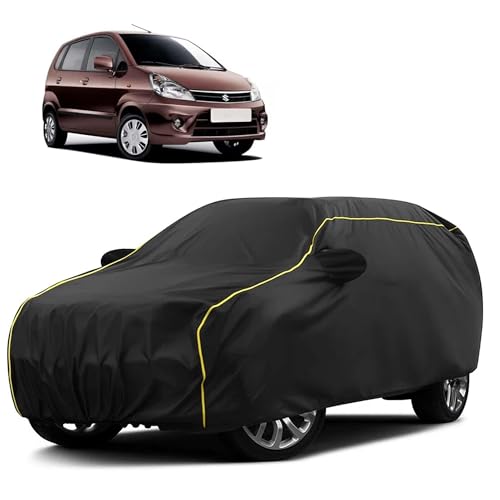 Image of Sulfar 100% Water Resistant Car Body Cover Compatible with Mirror for Maruti Suzuki Zen Estilo (Triple Stitched, Full Bottom Elastic, Black Taffeta with Yellow Piping)