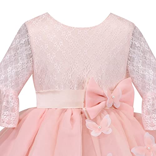 Sunny Fashion Flower Girls Dress Pink Lace Butterfly Backless Party Long Flare Sleeve3