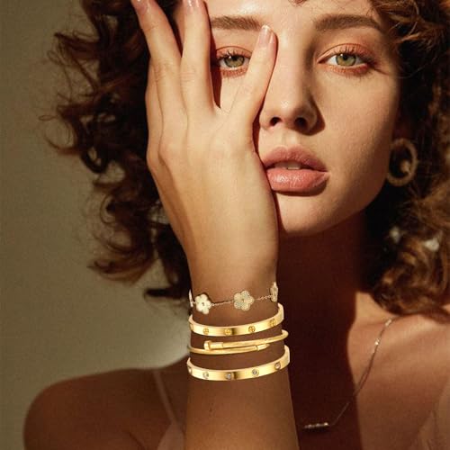 Gold Bracelets for Women- 4Pcs 18K Gold Plated Stackable Floral Clover Bracelets ,Stainless Steel Bangle Non Tarnish, Gold Bracelet Set Trendy Jewelry,Christmas Valentines Birthday Gifts-Pulseras Para Mujer2