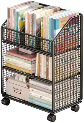3-Tier Rolling Book Cart with Wheels, White Metal Library Organizer, Raised Guardrail Design, Mobile Bookshelf for Office, Study, Living Room, Bedroom
