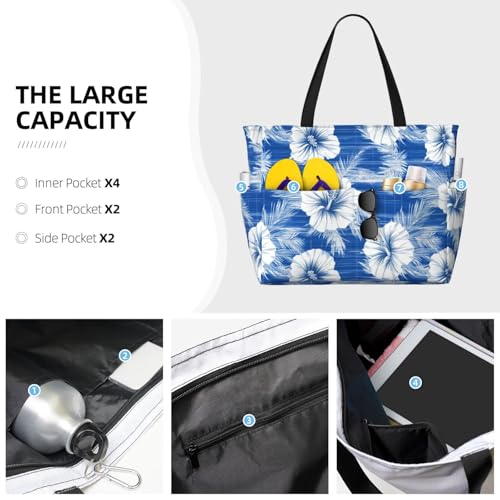Large Beach Bags for Women Sandproof - Hawaiian Hibiscus Blue Print Summer Travel Work Tote Bags with Zipper3