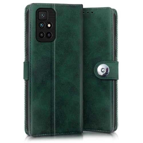 Image of WOW IMAGINE Shock Proof Flip Cover Back Case for Xiaomi Mi Redmi 10 Prime (Magnetic Button Flip Case | Wallet Pockets & Stand | Leather Finish | Forest Green)