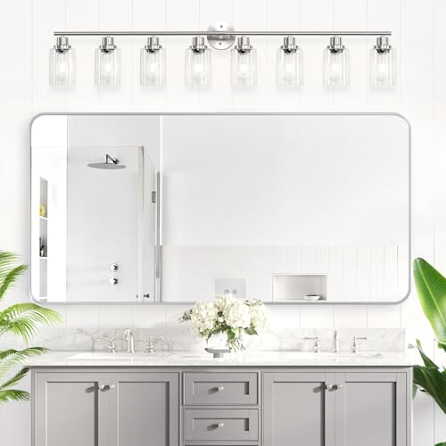 Image of 8-Light Brushed Nickel Vanity Lights, Modern Bathroom Light Fixtures with Clear Glass Shade, Wall Lamps for Mirror Kitchen Hallway Cabinet Living Room Sconces Lights - E26