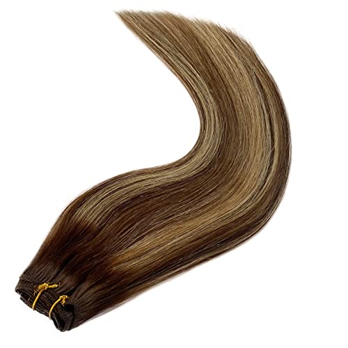 Image of Ombre Clip in Hair Extensions, 20 Inch Balayage Chocolate Brown Mixed Strawberry Blonde 70g 5pcs Real Hair Extensions Clip In Human Hair Remy