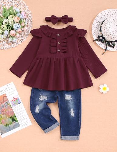 Image of Toddler Girl Clothes Long Sleeve Ruffle Dress Top and Jeans Pants Toddler Girl Fall Outfits