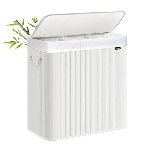 SONGMICS Panier à Linge 150L, Corbeille Linge Sale 3 Compartiments de Tri, Couvercle en Bambou, Poignées, Pliable, Sac Amovible Lavable en Machine, pour Buanderie, Chambre, Blanc LCB091W01