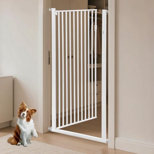 ieLsngai Haustiergitter Extra Hoch Höhe 150cm, Breite verstellbar 90-97cm, Sicherheits-Haustiergitter, Automatische Schließung, Stababstand 3.5cm, 270°Türöffnung,Ohne Bohren für Treppen/Türen