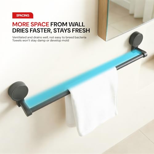 Image of MIORAH Suction Towel Holder for Bathroom - Rust - Free Powder Coated Wall Mounted Towel Rack No Drill Towel Rack Modern Bathroom Accessories Organizer Grey
