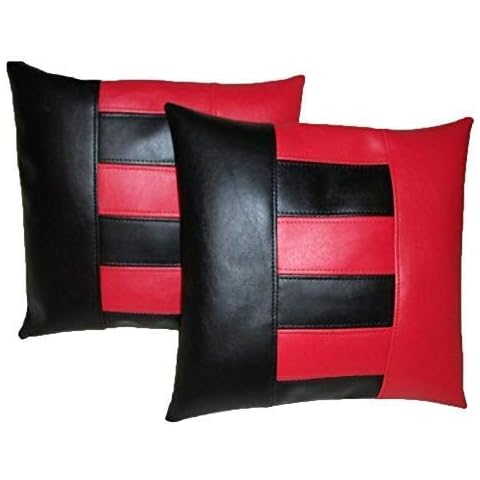 Ganloz Lambskin Leather Pillow Cover - Sofa Cushion Case - Decorative Throw Covers for Living Room & Bedroom, 22x22 Inches - Red Black 02 Pack of 2 Cover