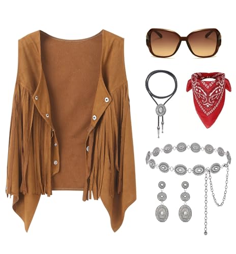 Quxiante Western Cowgirl Outfits for Women Cowboy Rodeo Country Outfits Vest Tops Jewelry Accessories Set (Brown X-Large)