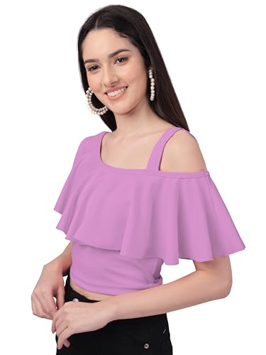 Image of Mehrang Women's Casual Solid Flared Crop Top Round Neck Stretchable Blend for Women /Top for Girls