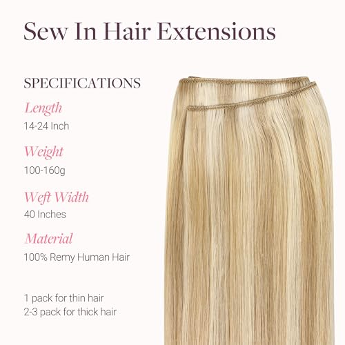 Image of GOO GOO Sew in Hair Extensions Real Human Hair, Weft Hair Extensions Human Hair, 18A /613A Dark Blonde Highlighted Bleach Blonde 20inch 130g, Weft Bundles Straight Silky Remy Hair