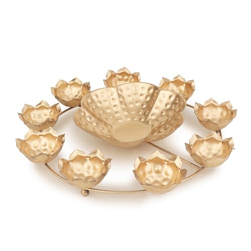Karigar Creations Round Flower Border Designer URLI Decorative Beautiful Handcrafted Bowl for Floating Flowers and Tea Light Candles Home,Office, Table Decor Special for Diwali Gift (Golden.)