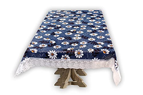Image of The Furnishing Tree Waterproof PVC Rectangle Shaped 2 Seater Table Cover WxL 45x70 inches Floral Pattern Blueish Grey with White Border lace