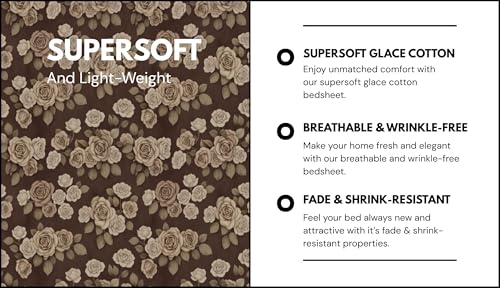 Image of King Size Bedsheet Cotton for Double Bed | Flat - 90x100 Inch, Floral, Soft & Breathable, Fade & Shrink Resistant, 2 Pillow Covers | Cocoa Rose Charm, Chocolate Brown