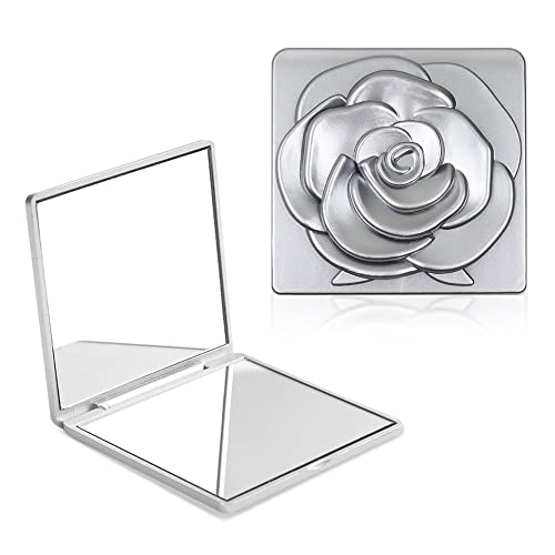 Modixun 2 espejos compactos de aumento para bolsos, 1X/3X espejo de bolsillo de doble cara de aumento, elegante espejo plegable de viaje de rosa en relieve (plata) Cover