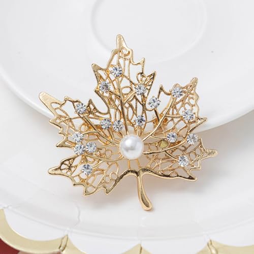 Image of Fashion Maple Leaves Crystal Brooch for Women Men Pearl Gold-Tone Plated Leaf Flower Brooches Rhinestone Lapel Pin Brooch Court Wedding Party Autumn Fall Thanksgiving Accessories Jewelry Gifts Decoration