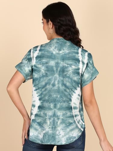 Image of Maaesa Women Handmade Regular Fit Tie-Dye Rayon Top | Casual Wear & Office Wear | Short Sleeve | Mandarin Neck | Lightweight & Breathable Fabric