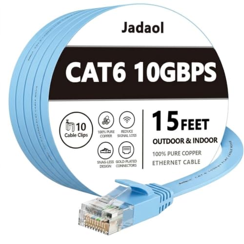 Image of Jadaol Cat6 Ethernet Cable 15FT with Clips 10Gbps Flat Network Cable, Blue