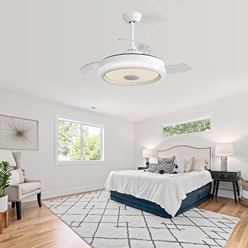 Ventilador de techo invisible de 42 pulgadas con mando a distancia, motor DC reversible, 3 aspas ABS, luz LED RGB, música Bluetooth, ideal para salón, dormitorio, oficina, con función temporizador