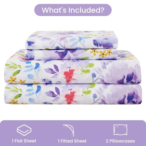 Mooreeke Floral Queen Sheets, Soft Breathable Microfiber Vintage Printed Bed Sheet Set, Deep Pocket Non-Slip Fitted Sheet Included, Purple Flower Pattern