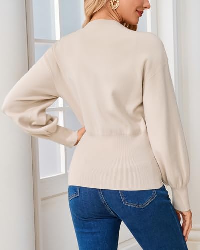 Women's Deep V Neck Pullover Sweater Long Lantern Sleeve Knit Jumper Top Casual Elegant Fall Winter Sweaters3