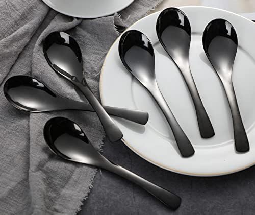 Miniatura 4 de Juego de 6 cucharas de mesa redondas de acero inoxidable con espejo pulido de plata para ramen