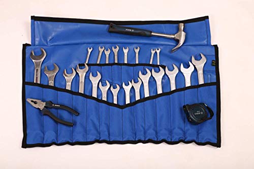 22 Pocket Wrench & Tool Roll Up Pouch Organizer Bag Handmade Waterproof Pvc Laminated Ballistic Polyester Canvas For Craftsman Gear Drive Users Ready Portable Storage Round Easy Grip | (Blue) #TOP5
