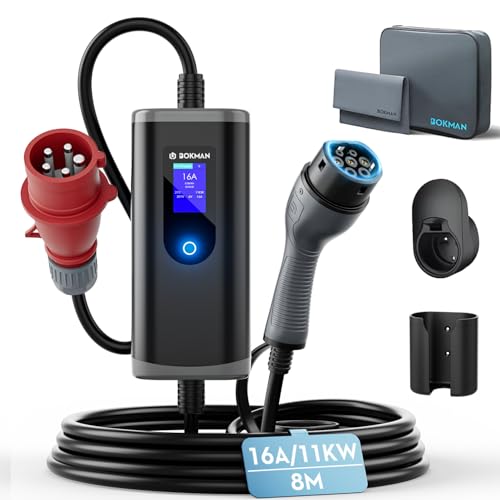 bokman Typ 2 Ladekabel mit CEE Stecker, 8 Meter | 6-16A | 11kW | 3-Phasig | IP65 Wasserdicht, Tragbares EV-Ladegerät und Mobile Wallbox Ladestation für IEC 62196-2 mit Tragetasche & Mikrofaserhandtuch