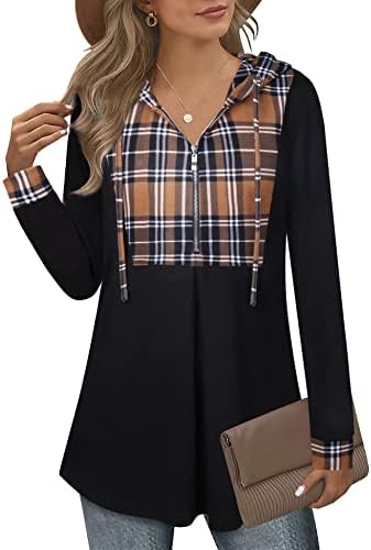 Bulotus Womens Tunic Tops to Wear with Leggings, Quarter Zip Pullover Casual Long Hoodies for Women Flannel Shirts Long Sleeve Tunic Sweatshirts for Women, Khaki Plaid, X-Large