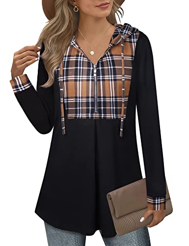 Bulotus Womens Tunic Tops To Wear With Leggings, Quarter Zip Pullover Casual Long Hoodies For Women Flannel Shirts Long Sleeve Tunic Sweatshirts For Women, Khaki Plaid, X-Large #TOP22