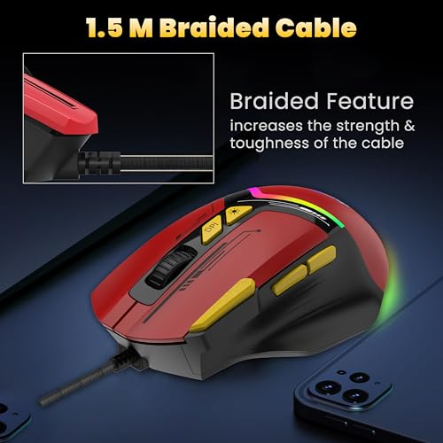 Image of Ant Esports GM333 RGB Wired High End Optical Ergonomic Gaming Mouse with 12800 DPI 1.5M Braided Cable Comes with Inbuilt Software Huano Switches with Rubber Coated Top Cover - Black /Red /Yellow