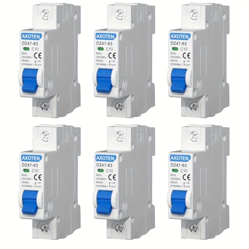 TRWUDRFA Lot de 6 mini disjoncteurs miniatures 1P 10 A MCB AC230/400 V - DZ47-63 - Pour bâtiments résidentiels, commerciaux, bureaux, armoires de distribution électrique