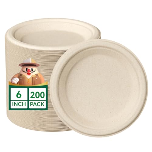 JOLLY CHEF 100% Compostable Small Paper Plates 200 Pack 6 Inch Heavy Duty Dessert Plates Disposable Biodegradable Eco-Friendly Sugarcane Bulk Nature