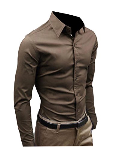 Camisa social masculina de manga comprida com lapela de cor pura, Coffee, Medium