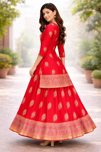 Image of Women's Red Kurti with Skirt Set, Peacock Feather Print, Embellished Neckline, Ethnic Wear
