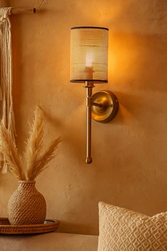 Image of AKWAY Antique Brass Finish Wall Lamps for Living Rooms with Bamboo Shade | Rattan and Cane Wall Lights for Bedroom | Wicker Wall scones - (Rattan Single Webbing Cylinder - Adya)